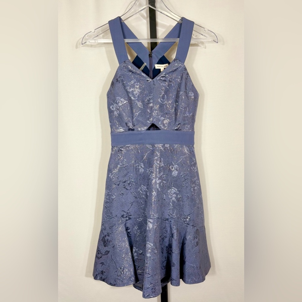 NWT Rebecca Taylor Foil Halter Cut Out Dress Size 2 in Rain Cloud